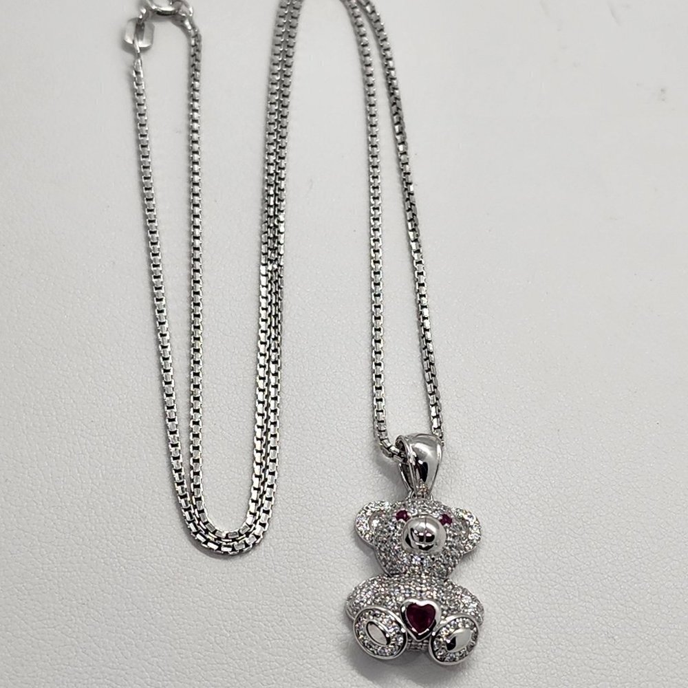 last one Brand New Sterling Silver 925 Pink Heart Teddy Bear Necklace